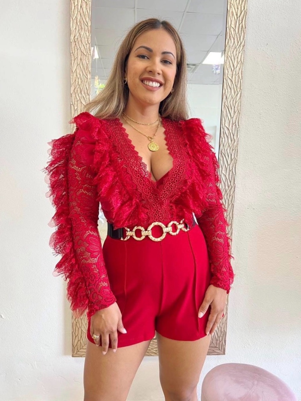 Red Lace Ruffle V-Neck Romper - Picture 2 of 2